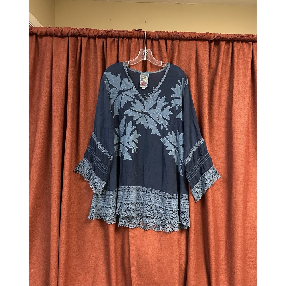 JOHNNY WAS Women's Halima Floral Blue Crochet Bohemian tunic blouse Navy Blue L